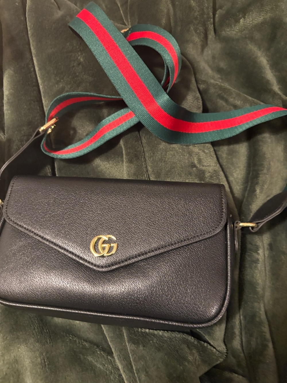 Black Leather Crossbody with Red-Green Web Stripe Strap - Picture 2 of 6